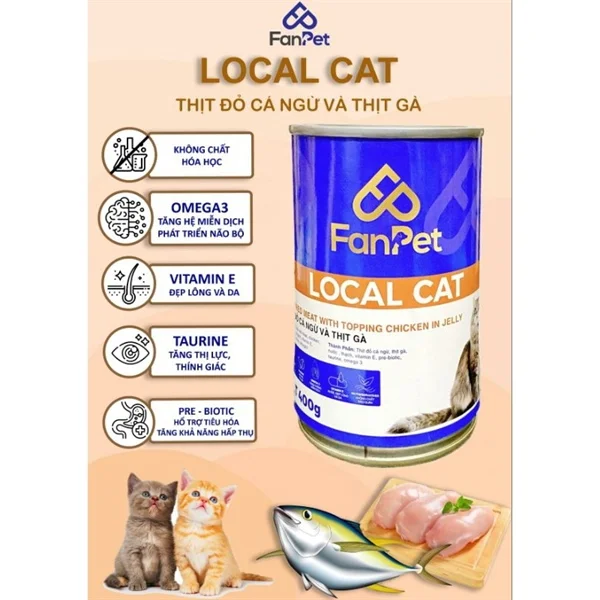 Pate Fanpet Local Cat vị cá ngừ và thịt gà cho mèo lon 400g